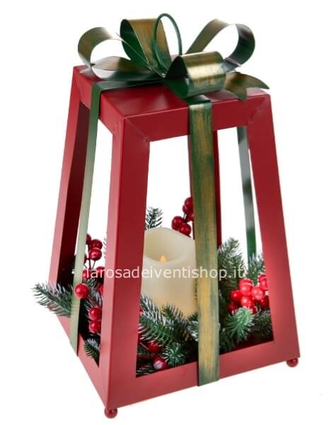 Lanterna natalizia in metallo colore rossa e verde con fiocco e candela a led dim. 22x22xh 36  cm