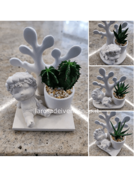 Angeli e Albero della Vita in gesso con pianta grassa piccoli