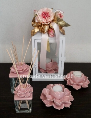Profumatore in vetro e coperchio a fiore in ceramica rosa dimensioni 6x6xh9cm - Paletti inclusi