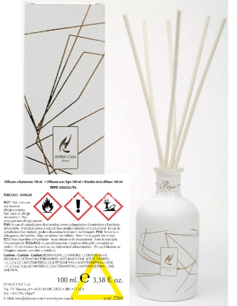 Profumatore “PEPE ASSOLUTA” Diffusore a bastoncino, Hypno Casa, 100 ml