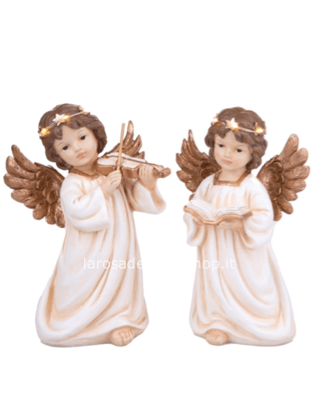 Angelo con violino h 25 cm con led colore crema e oro