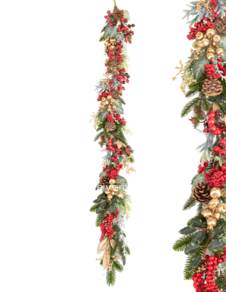 Ghirlanda sintetica Berries con decorazioni oro e rosse da 150 cm