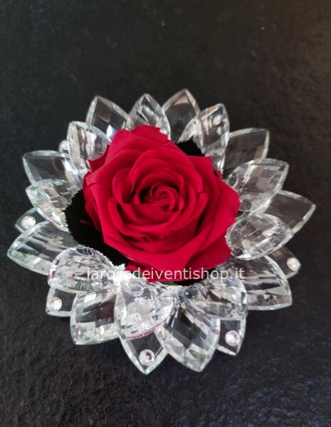 Rosa stabilizzata magnum colore rosso su ninfea in cristallo big diametro 16 cm.