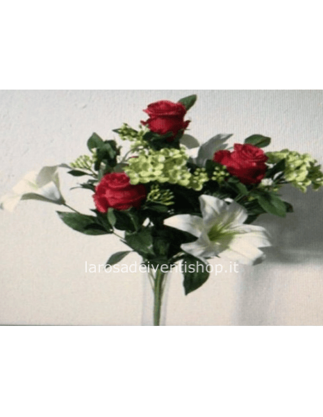 Mazzo di fiori sintetico h 60 cm con lilium, rose, ortensie - Rosso