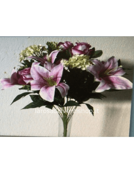 Mazzo di fiori sintetico h 60 cm con lilium, rose, ortensie - Rosa