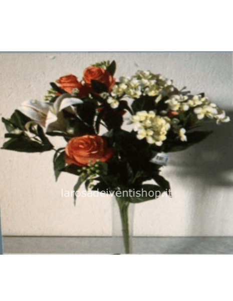 Mazzo di fiori sintetico h 60 cm con lilium, rose, ortensie - Arancione