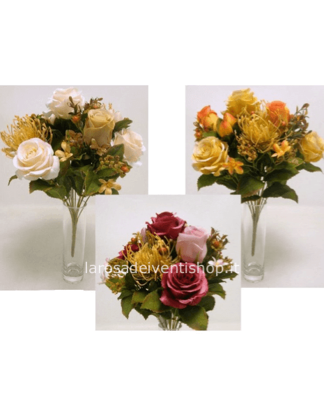 Mazzo di rose e cordifolium h 40 cm sintetico - Arancione