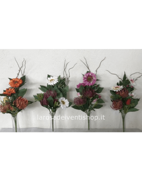 Mazzo di gerbere, rose e cordifolium frontale h 35 cm sintetico - Rosso