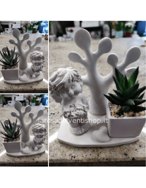 Angeli e Albero della Vita in gesso con pianta grassa medi