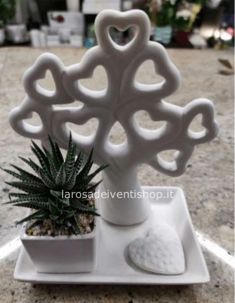 Albero della Vita Cuori in gesso con vassoio e pianta grassa