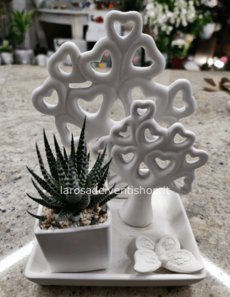 Alberi della Vita Cuori vassoio in gesso con pianta grassa e vassoio dimensioni 15.5x15.5xh21.5 cm