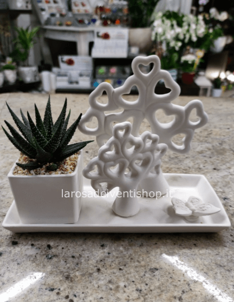 Alberi della Vita Cuori in gesso con vassoio e pianta grassa