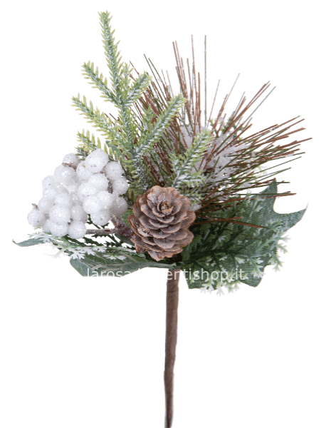 Pick innevato bianco con pino, pigna bacche bianche  h 36 cm.