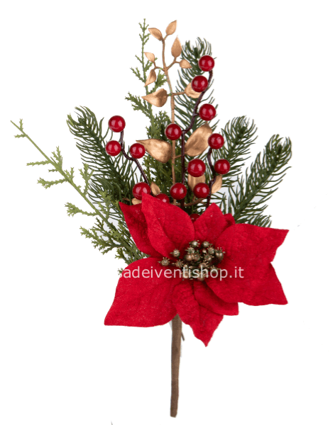 Ramo con stella di natale rossa, bacche e pino h 34 cm sintetico