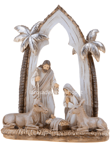 Presepe Natività con palme, bue e asinello h 22 cm Colore Ivory/Champagne