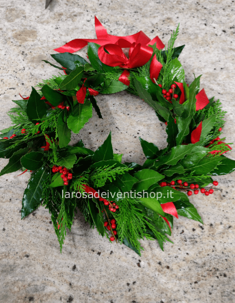 Cornicina di laurea con alloro, verdi misti e bacche rosse