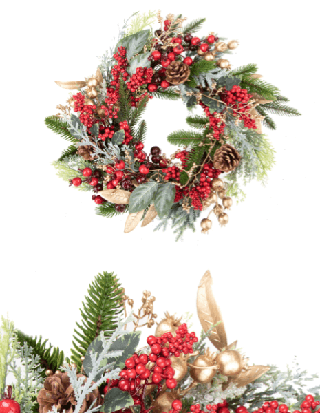 Corona chiudiporta Natalizia sintetica Berries con pino e decori oro e rossi diametro 30 cm