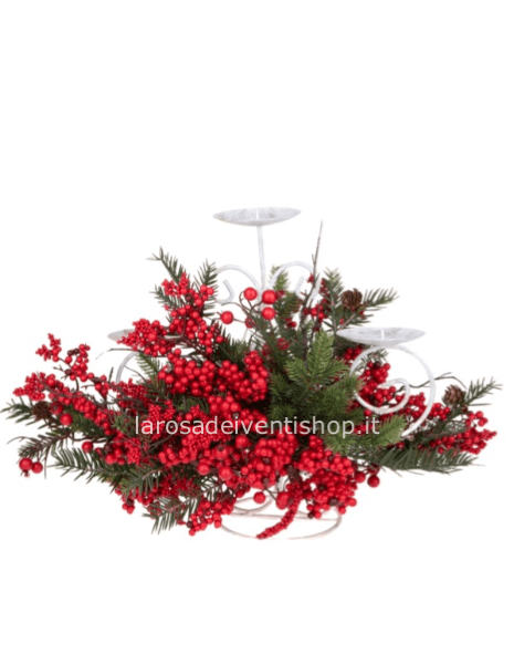 Centrotavola sintetico con struttura 3 portacandela e decori rossi 50 x h 40 cm