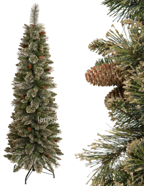 Albero di natale Slim sintetico colore verde oro  con pigne altezza 180 cm.
