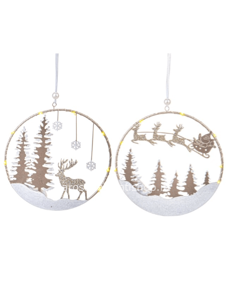 Cerchio paesaggio invernale crema/champagne con led d 16.5 cm - Renne e slitta