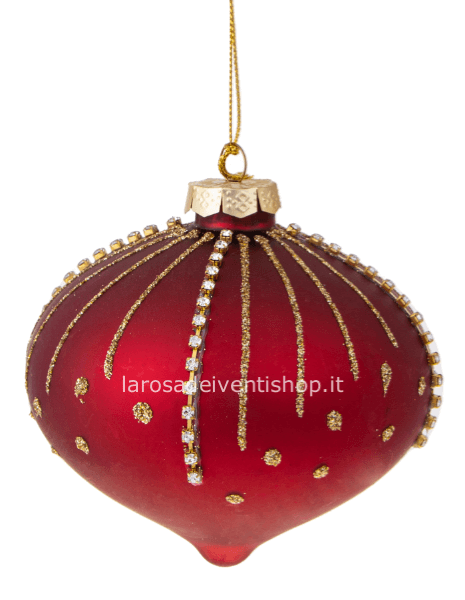 Sfera natalizia cipolla rossa con strass oro diametro 10 cm.