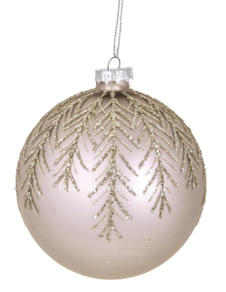 Sfera natalizia champagne, pink con decoro rami in glitter oro diametro 8 cm.