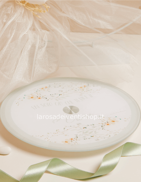 25032V - Vassoio in vetro girevole motivo floreale verde diametro 25 x 0.4 cm - SCATOLA CLASSICA