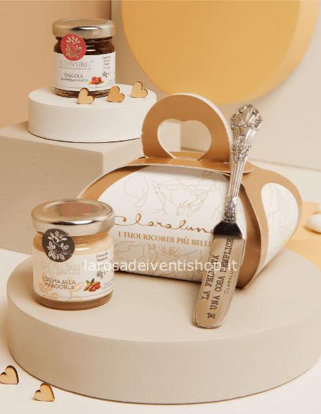 25086C - Marmellata fragola 40 gr + Crema mandorla 40 gr + Coltellino - SCATOLA BOTANICA
