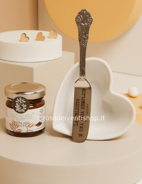 25093C - Ciotolina cuore + crema nocciola 40 gr + coltellino  - SCATOLA A SCELTA