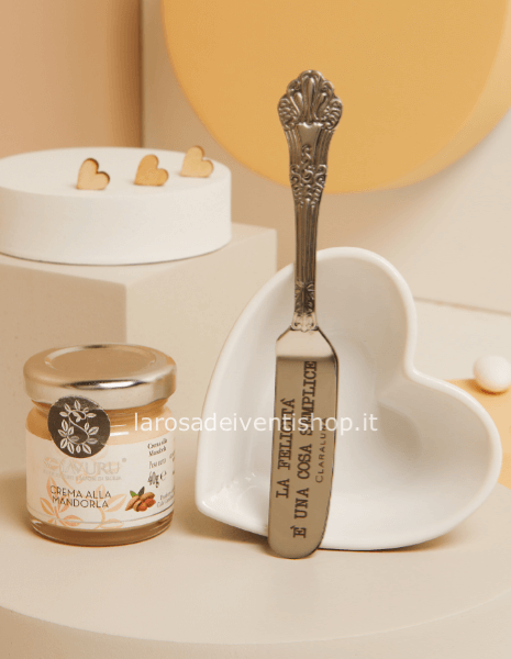 25094C - Ciotolina cuore + crema mandorla 40 gr + coltellino  - SCATOLA A SCELTA