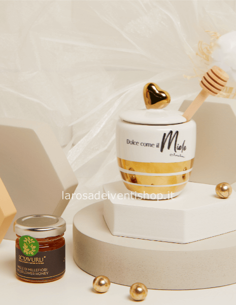 25101M - Portamiele oro + spargimiele + vasetto miele 40 gr - dim. 7x7x10 cm - SCATOLA A SCELTA