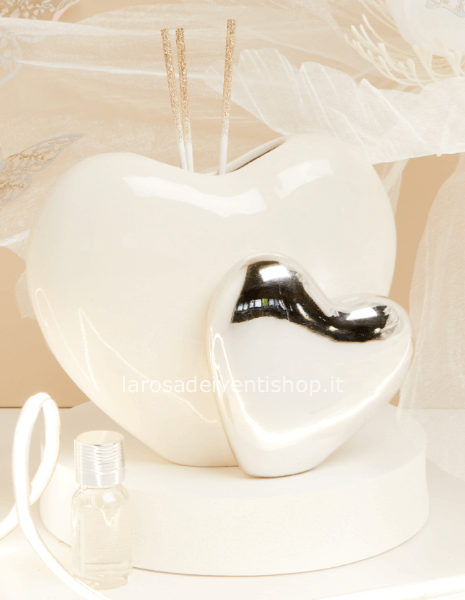 25132 - Profumatore doppio cuore bianco e argento piccolo 11x5.5x9 cm - SCATOLA A SCELTA