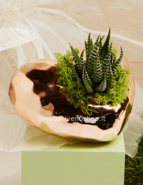 Vaso cuore orizzontale oro rosa con pianta