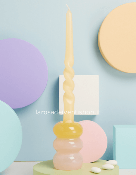 25166 - Candelabro in vetro rosa e giallo dimensioni 6,3 x 9.5 cm - SENZA CANDELA  SCATOLA A SCELTA