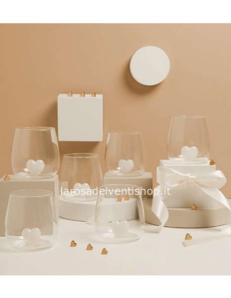 25194 - Set 6 bicchieri n vetro con cuore bianco all'interno dimensioni 7 x 9 cm - SCATOLA CLASSICA
