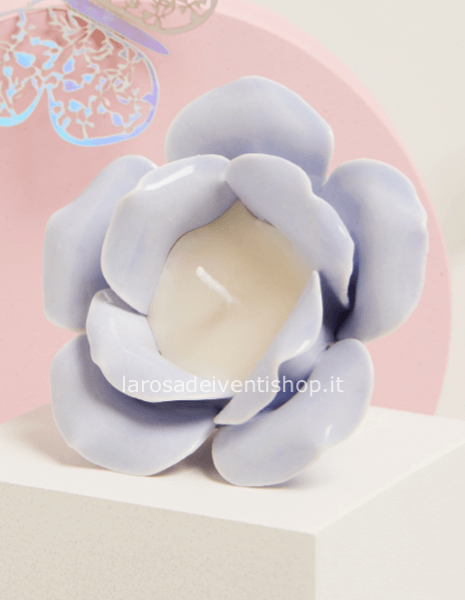 25221 - Portacandela azzurro a forma di rosa con candela dim. 9.5x9.5x6.5 cm - SCATOLA A SCELTA
