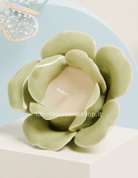 25223 - Portacandela verde a forma di rosa con candela dim. 9.5x9.5x6.5 cm - SCATOLA A SCELTA