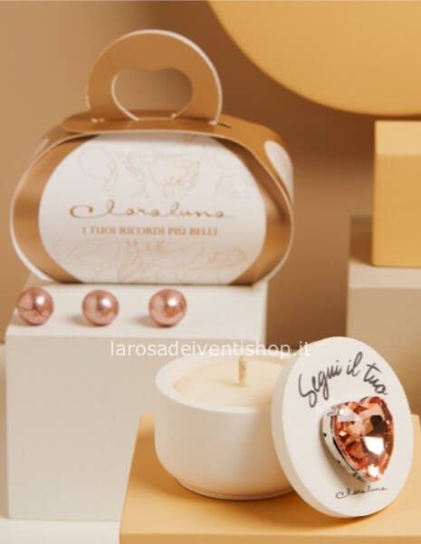 25330/CAND - Scatola con candela piccola e cuore strass oro rosa diam. 6 x 4 cm - SCATOLA BOTANICA