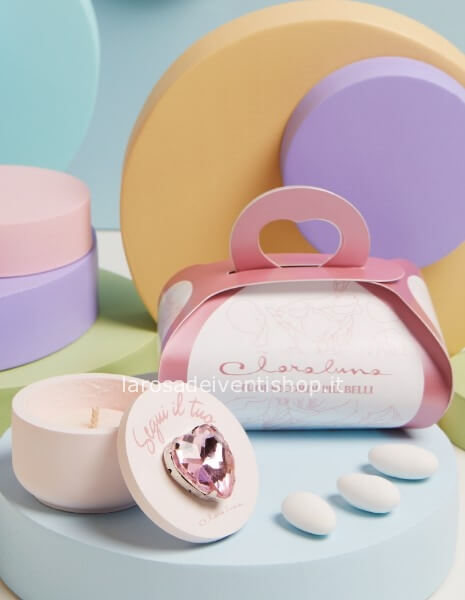 Scatola piccola cuore strass rosa con candela
