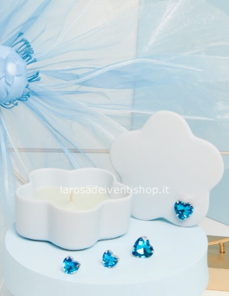 25352/CAND- Scatola fiore con cuore strass blu e candela dim. 10.8x10.8x6 cm - SCATOLA A SCELTA