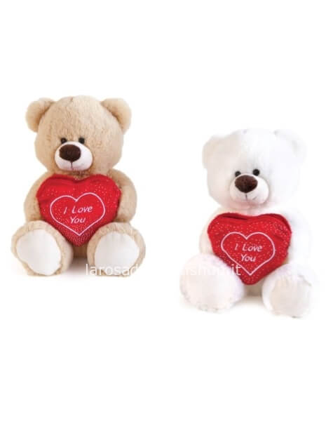 Orso di Peluche assortito in 2 colori bianco con tasca a cuore rosso e scritta dim. 20 cm