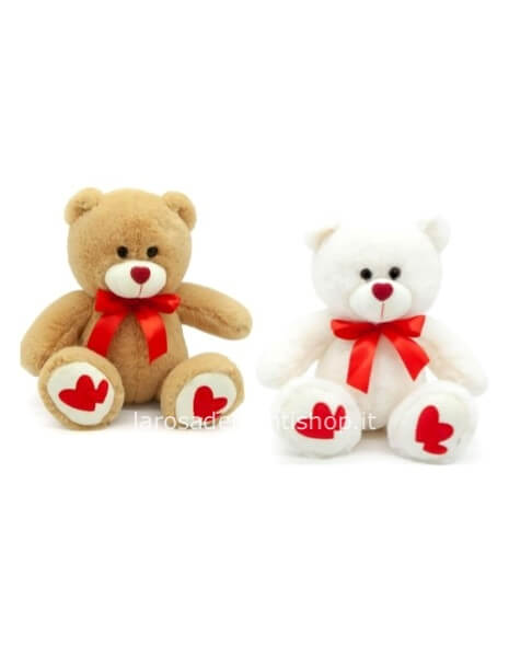 Orso di Peluche bianco con cuori rossi sotto le zampe dimensioni h  30 cm