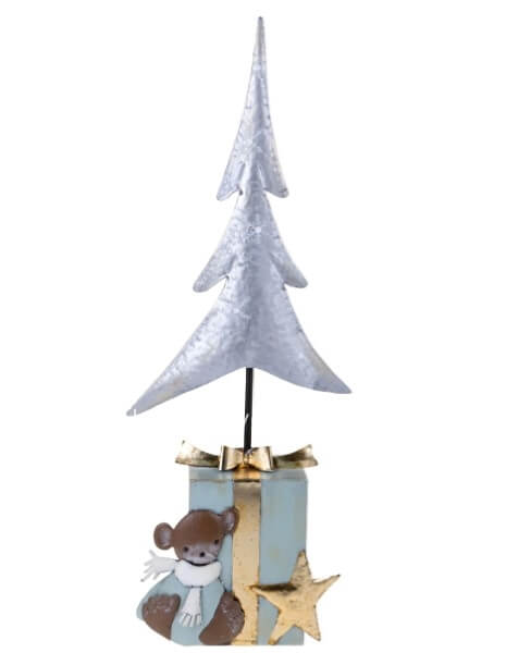 Abete con pacco dono in metallo color Tiffany e Argento dimensioni 13x13xh80 cm