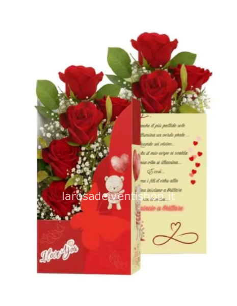 Fly love box con poesia amore - con 3 rose rosse